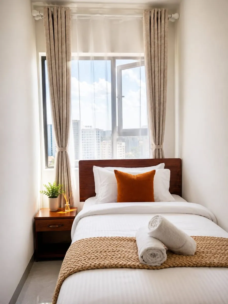 Small double bed by the window with fresh towels
